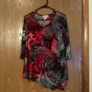 Red, gray, black & white v-neck asymmetric top w3/4 sleeves